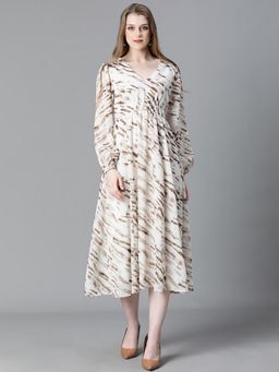 Oxolloxo - Women Ivory Printed V-Neck Smocked Waist Full Sleeve Midi Dress
