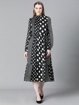 Oxolloxo - Women Black Polka Dot Print Long Sleeve Round High Neck Maxi Dress