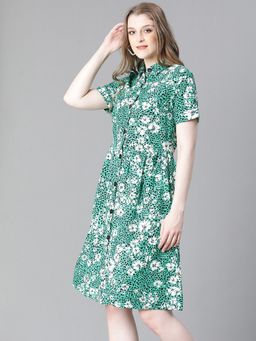 Oxolloxo - Women Green Floral Print Collared Short Sleeve Knee Length Dress