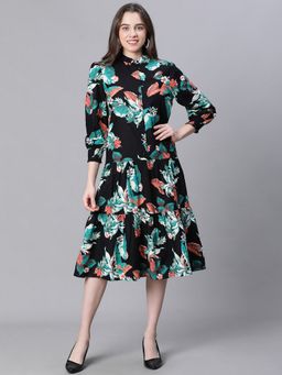 Oxolloxo - Women Multicolor Floral Print Mandarin Neck Knee Length Dress