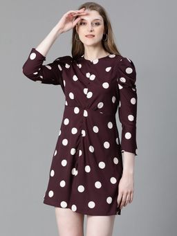 Oxolloxo - Women Brown Polka Dot Print Round Neck Long Puff Sleeve Mini Dress