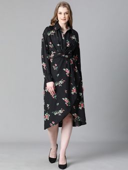 Oxolloxo - Women's Black Floral Print Collared Long Sleeve Overlapped Belted Midi Dress