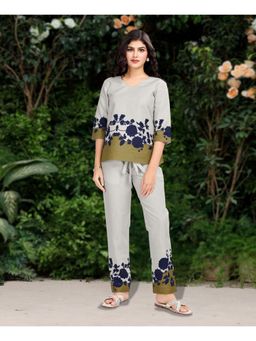 MOJILAA - Women Ivory Linen Silk Floral Printed Causal Co-Ord (Set of 2)