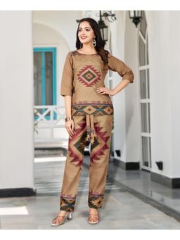 MOJILAA - Women Bronze Linen Silk Geometric Printed Causal Co-Ord (Set of 2)