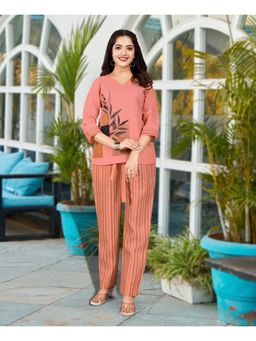 MOJILAA - Women Peach Linen Silk Leaf Printed Causal Co-Ord (Set of 2)