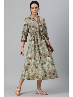 W - Green Printed Gathered Western Dress