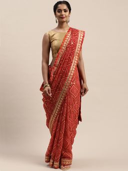 Vastranand - Maroon & Beige Printed Bandhani Saree with Unstitched Blouse