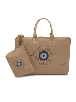 The House of Tara - Beige Printed Canvas 15.6 Inches Unisex Laptop Slim Messenger Bag with Zip Pouch