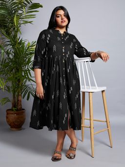 Globus - Gloplus Women Black Printed Mandarin Collar Roll-Up Sleeves A-Line Midi Plus Size Workwear Dress