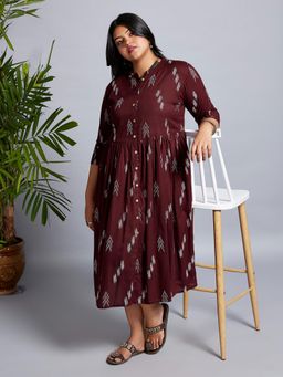 Globus - Gloplus Women Maroon Printed Mandarin Collar Roll-Up Sleeves A-Line Midi Plus Size Workwear Dress