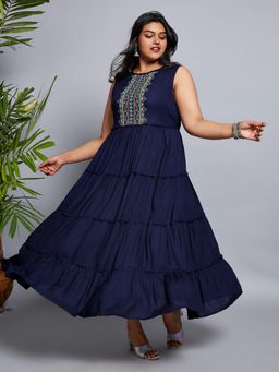 Globus - Gloplus Women Blue Embroidered Yoke Gathered Tiered Fit & Flare Plus Size Maxi Dress