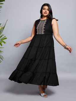Globus - Gloplus Women Black Embroidered Yoke Gathered Tiered Fit & Flare Plus Size Maxi Dress
