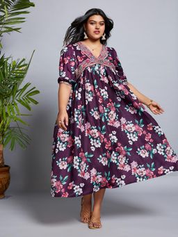 Globus - Gloplus Women Burgundy V-Neck Puff Sleeves Floral Print Lace Detailing A-Line Plus Size Midi Fusion Dress