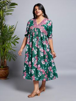 Globus - Gloplus Women Green V-Neck Puff Sleeves Floral Print Lace Detailing A-Line Plus Size Midi Fusion Dress