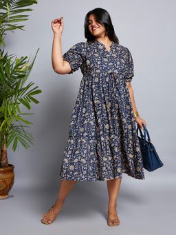Globus - Gloplus Women Blue Mandarin Collar Puff Sleeves Floral Print Waist Tie-Ups A-Line Midi Plus Size Workwear Dress