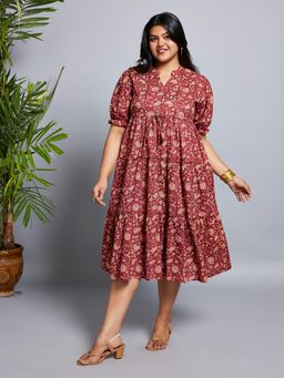 Globus - Gloplus Women Maroon Mandarin Collar Puff Sleeves Floral Print Waist Tie-Ups A-Line Midi Plus Size Workwear Dress