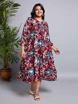 Globus - Gloplus Women Wine V-Neck Floral Print Gathered A-Line Plus Size Midi Fusion Dress