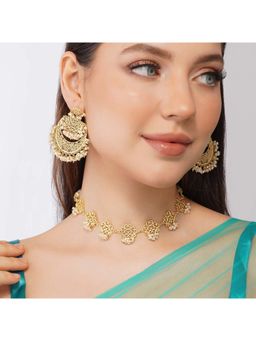 ZARIIN - Gold Finish Choker Necklace Set With Pearls