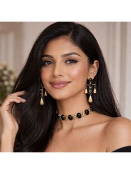 ZARIIN - Midnight Black Onyx Choker Necklace and Drop Earrings Set