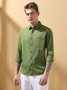 Dennis Lingo - Men Regular Fit Green Full Sleeves Cotton Casual Shirt