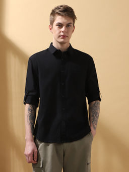 Dennis Lingo - Men Regular Fit Black Full Sleeves Cotton Casual Shirt