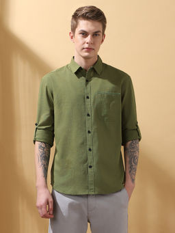 Dennis Lingo - Men Regular Fit Green Full Sleeves Cotton Casual Shirt