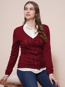 Globus - Women Maroon V-Neck Full Sleeves Self Design Cardigan