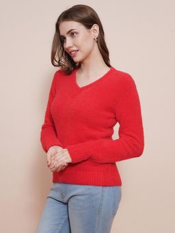 Globus - Women Red V-Neck Full Sleeves Faux Fur Knitted Sweater