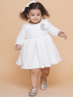 Titrit - Full Sleeves Fit and Flare Fur Party Frock - White