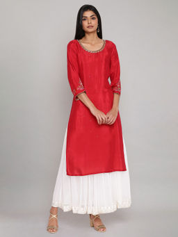 WISHFUL by W - Red Solid Straight Kurta