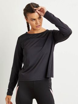 Styli - Black Curved Open Back Mesh Insert Long Sleeves Active Top