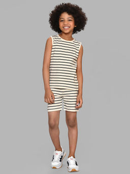 Mi Arcus - Cream Stripes Round Neck Sleeveless T-Shirt With Shorts (Set of 2)