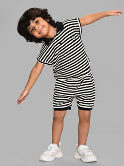 Mi Arcus - Black Stripes Collar Neck Sleeveless T-Shirt With Shorts (Set of 2)