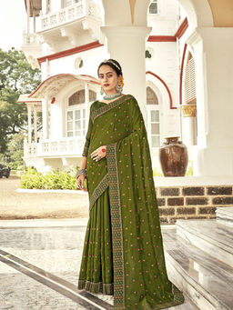 Odette - Green Vichitra Embroidered Saree with Unstitched Blouse