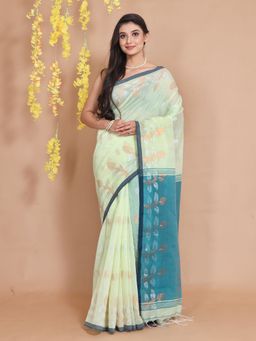 CHARUKRITI - Light Green Cotton Paisley Motifs & Zari Pallu Handspun Saree with Unstitched Blouse