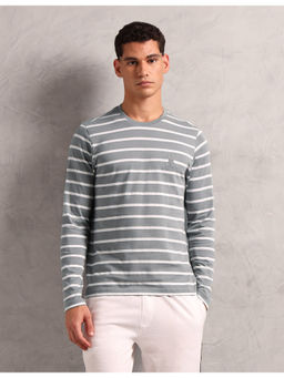 U.S. POLO ASSN. - Men Grey Horizontal Striped Pure Cotton I689 Lounge T-shirt