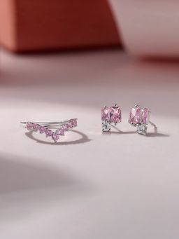 Ornate Jewels - 925 Silver Pink American Diamond Ring and Earring Combo Jewellery Set for Women & Girls