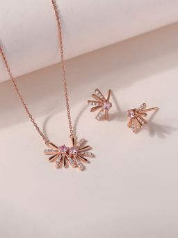 Ornate Jewels - 925 Silver 18K Rose Gold Pink CZ Necklace and Earring Jewellery Set for Women & Girls (Pack of 2)