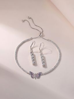 Ornate Jewels - 925 Silver American Diamond Bracelet and Earring Combo Jewellery Set for Women & Girls