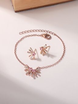Ornate Jewels - 925 Silver 18K Rose Gold Pink CZ Bracelet and Earring Jewellery Set for Women & Girls (Pack of 2)