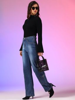 KOTTY - Womens Jean Straight Fit High-Rise Highly Distressed Light Fade Stretchable Cargo Jeans