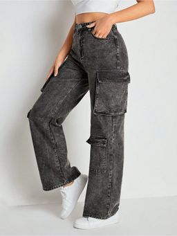 KOTTY - Womens Straight Fit High-Rise Slash Knee Heavy Fade Stretchable Cargo Jeans