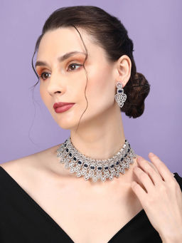 STILEADDA - Blue Cz Stone Silver Plated Necklace with Pair Of Earrings