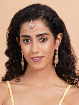 STILEADDA - Green Cz Stone Rose Gold Plated Maangtika with Pair Of Earrings