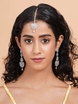 STILEADDA - Green Cz Stone Silver Plated Maangtika with Pair Of Earrings