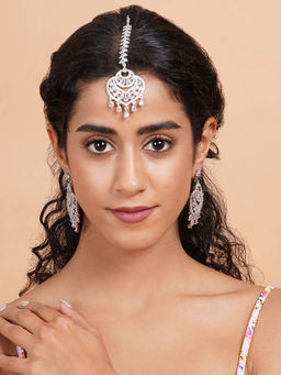 STILEADDA - White Cz Stone Silver Plated Maangtika with Pair Of Earrings