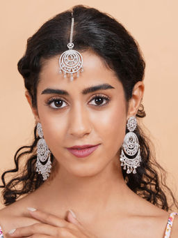 STILEADDA - White Cz Stone Silver Plated Maangtika with Pair Of Earrings