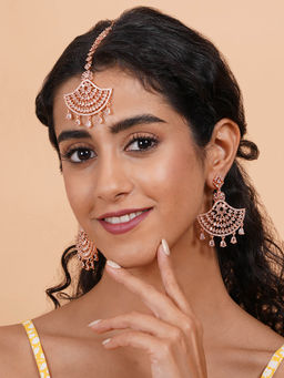 STILEADDA - White Cz Stone Rose Gold Plated Maangtika with Pair Of Earrings