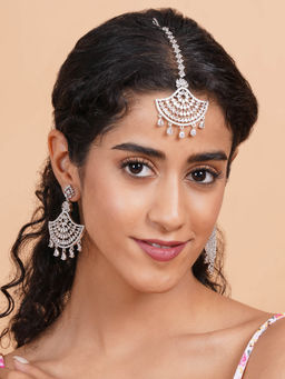 STILEADDA - White Cz Stone Silver Plated Maangtika with Pair Of Earrings