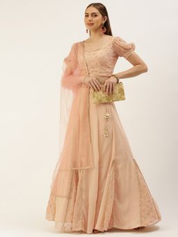 Ethnovog - Ready To Wear Peach Georgette Embroidered Lehenga With Choli And Dupatta (Set of 3)